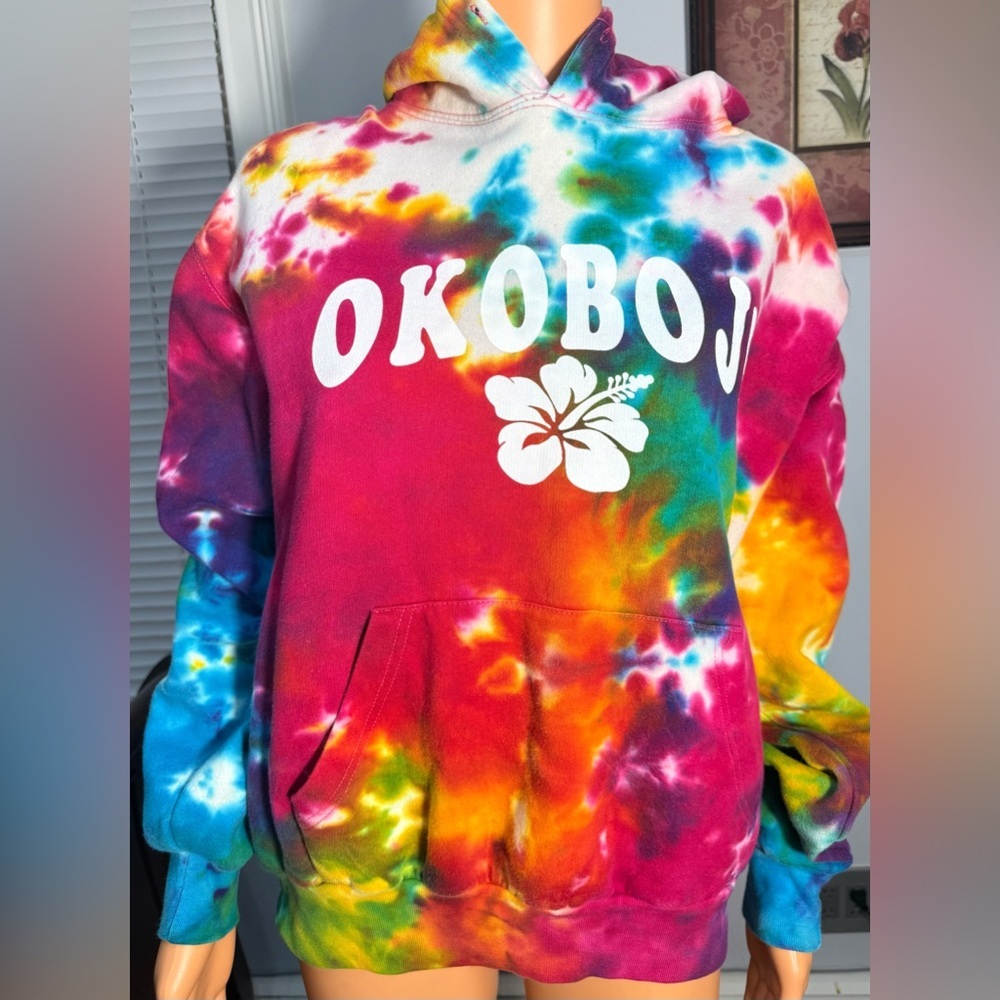 NWT Jon Lauren Womens Tie Dye Drawstring Multicolor Pullover Hoodie Size L